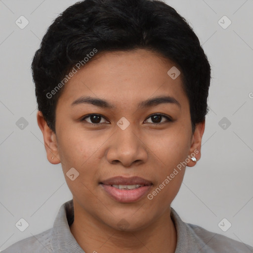 Joyful asian young-adult female with short  brown hair and brown eyes