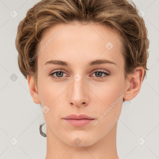 Neutral white young-adult female with short  brown hair and brown eyes