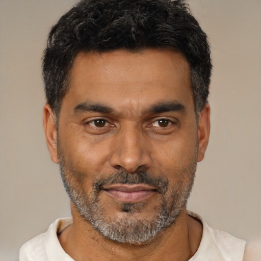 Neutral latino adult male with short  black hair and brown eyes