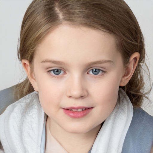 Joyful white child female with medium  brown hair and blue eyes