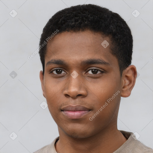 Neutral black young-adult male with short  black hair and brown eyes