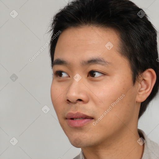 Neutral asian young-adult male with short  black hair and brown eyes