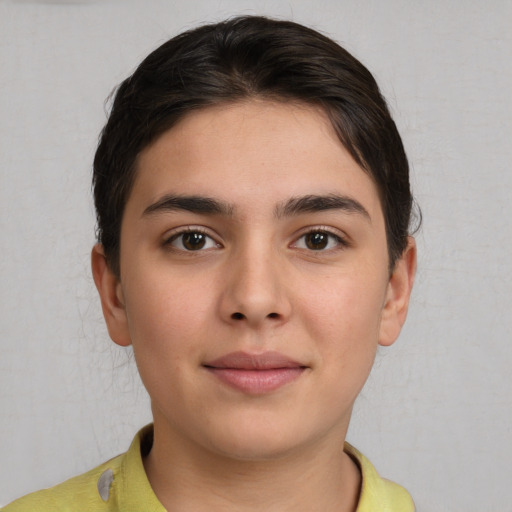 Neutral white young-adult female with short  brown hair and brown eyes