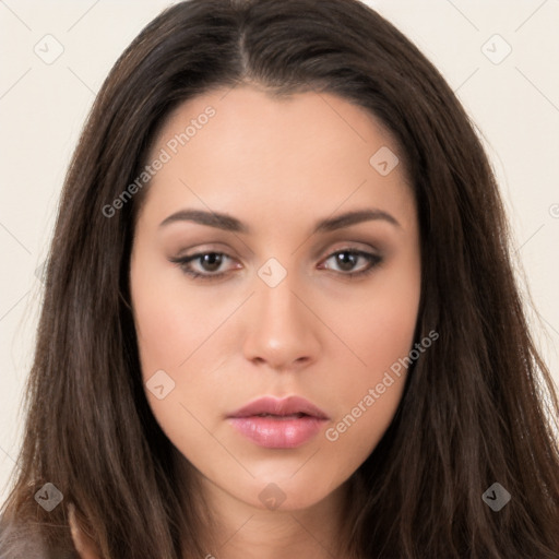 Neutral white young-adult female with long  brown hair and brown eyes