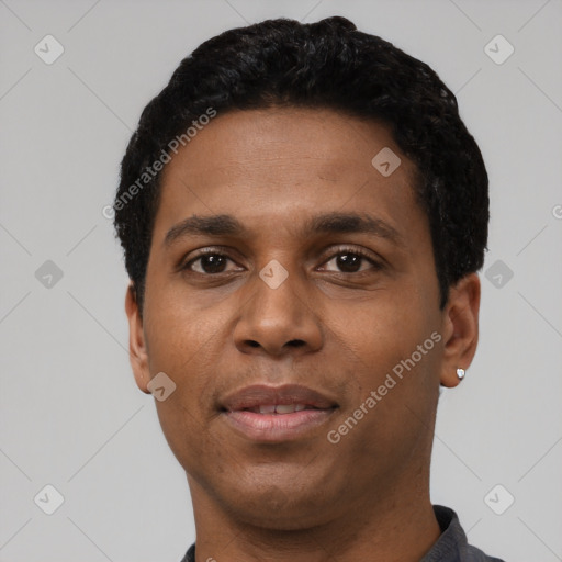 Neutral black young-adult male with short  black hair and brown eyes