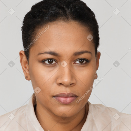 Joyful latino young-adult female with short  brown hair and brown eyes