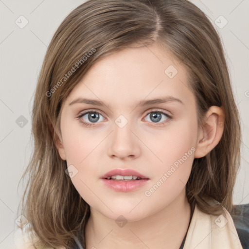 Neutral white young-adult female with medium  brown hair and grey eyes