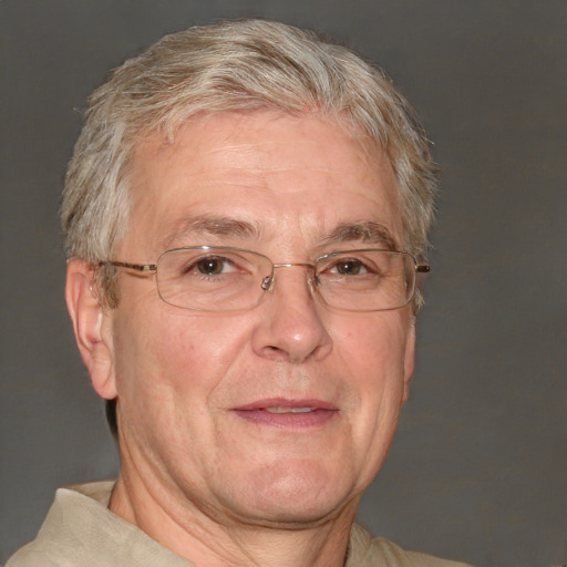 Joyful white middle-aged male with short  gray hair and grey eyes