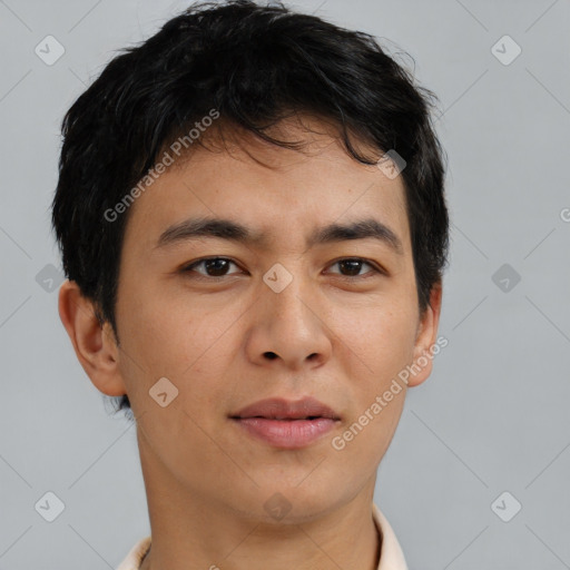 Neutral asian young-adult male with short  brown hair and brown eyes