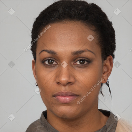 Neutral black young-adult female with short  black hair and brown eyes