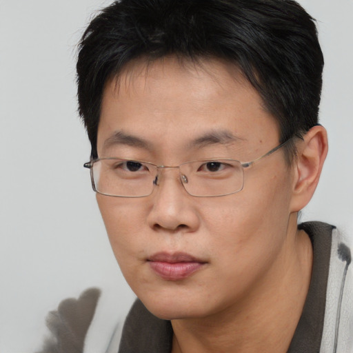 Neutral asian adult male with short  brown hair and brown eyes