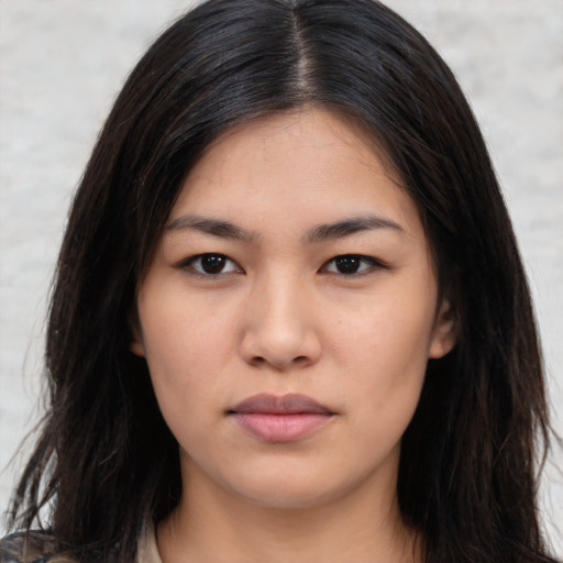 Neutral asian young-adult female with long  black hair and brown eyes