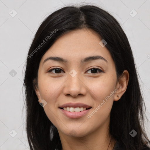 Joyful white young-adult female with long  brown hair and brown eyes