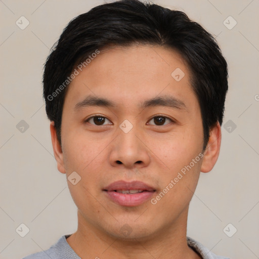 Neutral asian young-adult male with short  brown hair and brown eyes