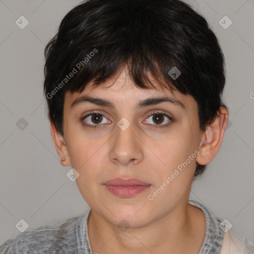 Neutral white young-adult female with short  brown hair and brown eyes