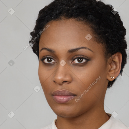 Neutral black young-adult female with short  black hair and brown eyes