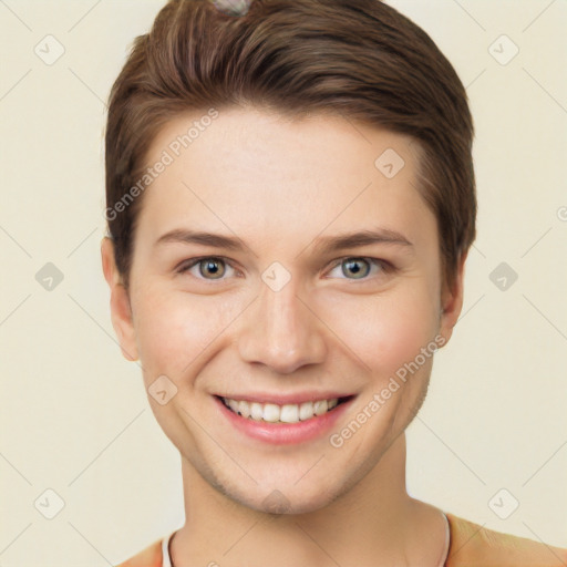 Joyful white young-adult female with short  brown hair and grey eyes