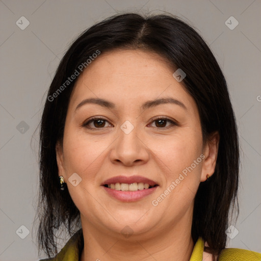 Joyful white adult female with medium  brown hair and brown eyes