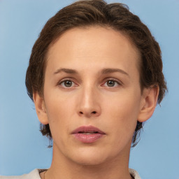 Neutral white young-adult female with short  brown hair and brown eyes