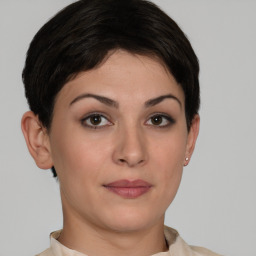 Neutral white young-adult female with short  brown hair and brown eyes