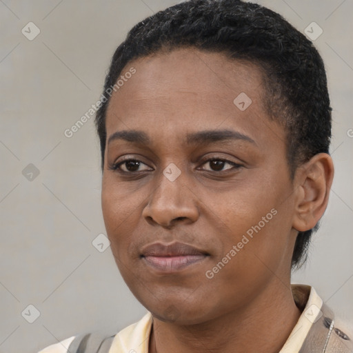 Joyful black young-adult female with short  black hair and brown eyes