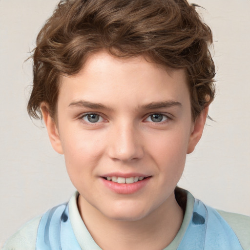 Joyful white child male with short  brown hair and brown eyes