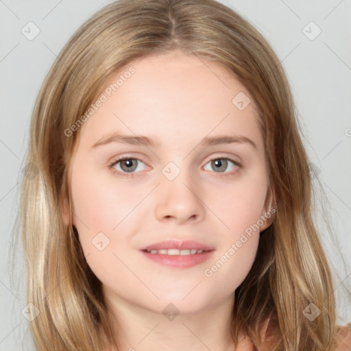 Neutral white young-adult female with medium  brown hair and grey eyes