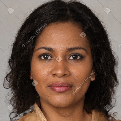 Joyful black young-adult female with medium  brown hair and brown eyes