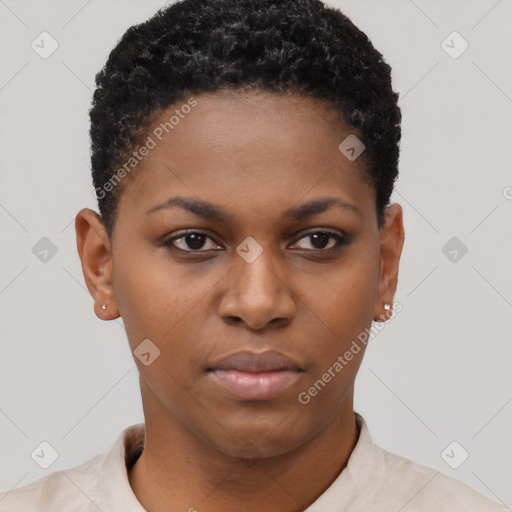 Neutral black young-adult female with short  black hair and brown eyes