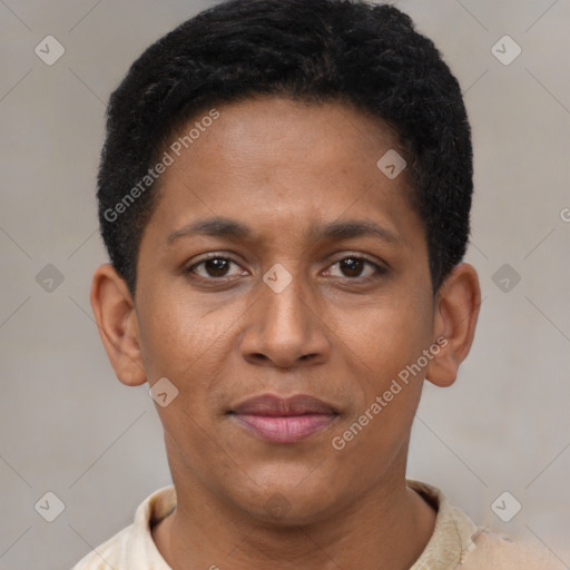 Joyful black young-adult female with short  brown hair and brown eyes