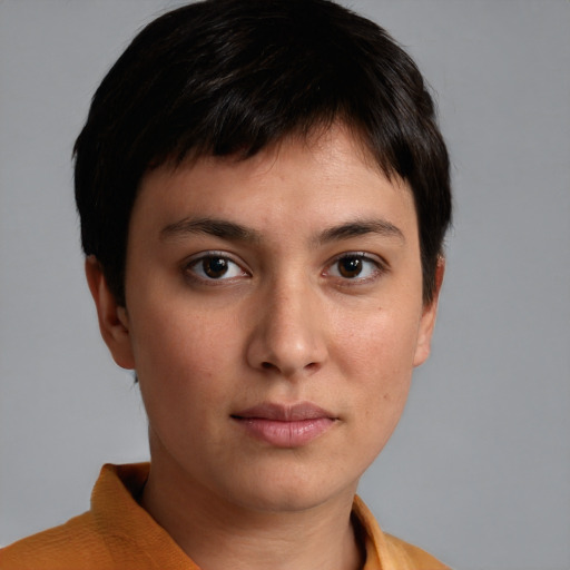 Neutral white young-adult female with short  brown hair and brown eyes