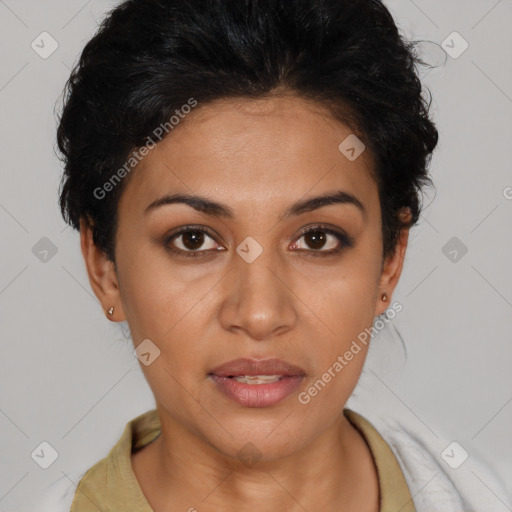 Joyful latino young-adult female with short  black hair and brown eyes