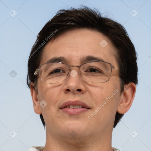 Joyful white adult female with short  brown hair and brown eyes