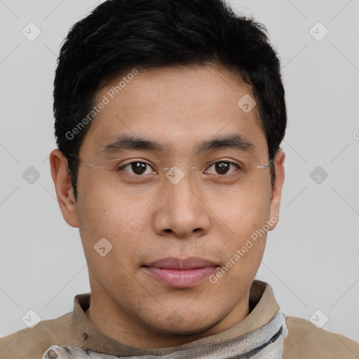 Neutral asian young-adult male with short  brown hair and brown eyes