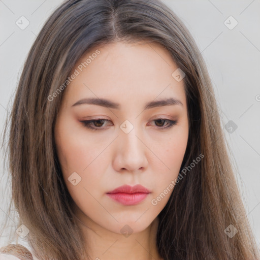 Neutral white young-adult female with long  brown hair and brown eyes