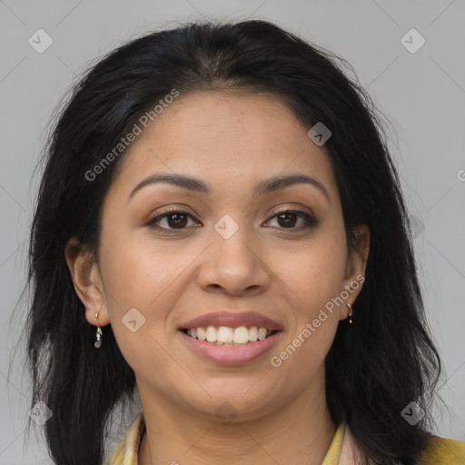 Joyful latino young-adult female with long  brown hair and brown eyes
