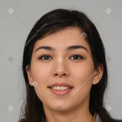 Joyful white young-adult female with long  brown hair and brown eyes