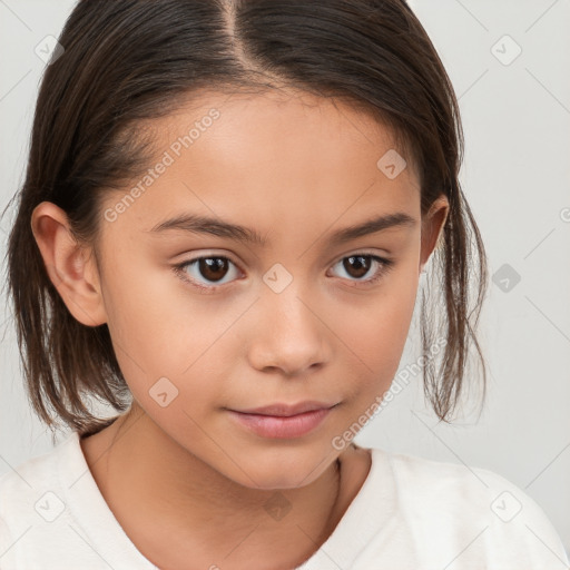 Joyful white child female with medium  brown hair and brown eyes