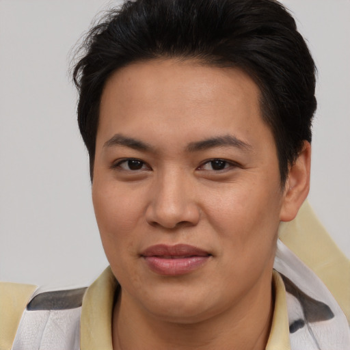 Joyful asian young-adult female with short  brown hair and brown eyes