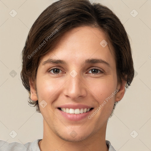 Joyful white young-adult female with short  brown hair and brown eyes