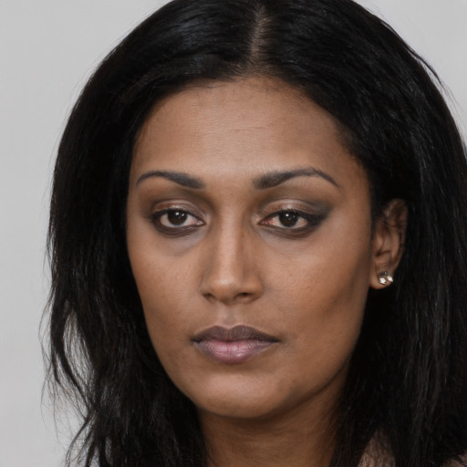 Neutral asian young-adult female with long  black hair and brown eyes