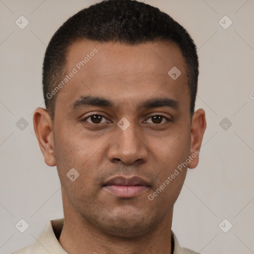 Neutral latino young-adult male with short  brown hair and brown eyes