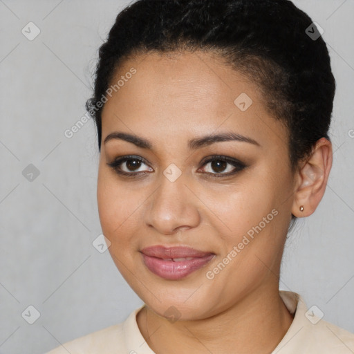 Joyful latino young-adult female with short  brown hair and brown eyes