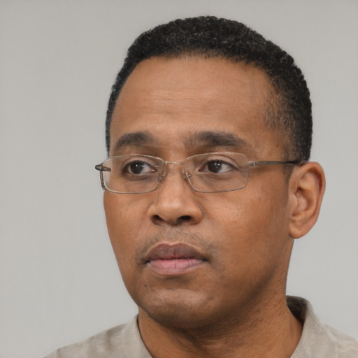 Neutral black adult male with short  black hair and brown eyes