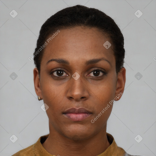 Neutral black young-adult female with short  black hair and brown eyes