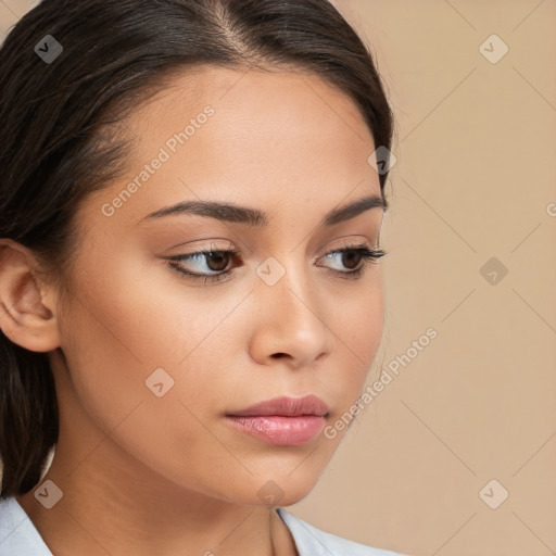 Neutral white young-adult female with medium  brown hair and brown eyes