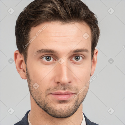 Neutral white young-adult male with short  brown hair and grey eyes