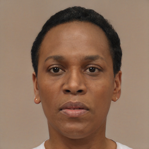 Neutral black young-adult female with short  black hair and brown eyes