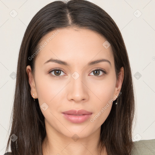 Neutral white young-adult female with long  brown hair and brown eyes