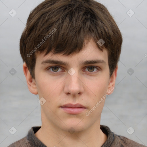 Neutral white young-adult male with short  brown hair and grey eyes